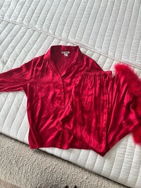 Linea Donatella Red Satin Pajama Set with Feather Trim